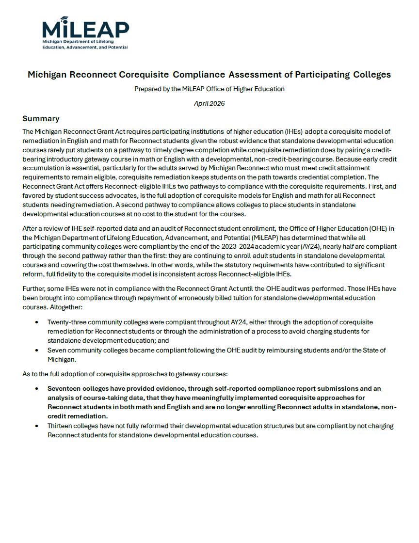 Status of Corequisite Gateway Courses report cover