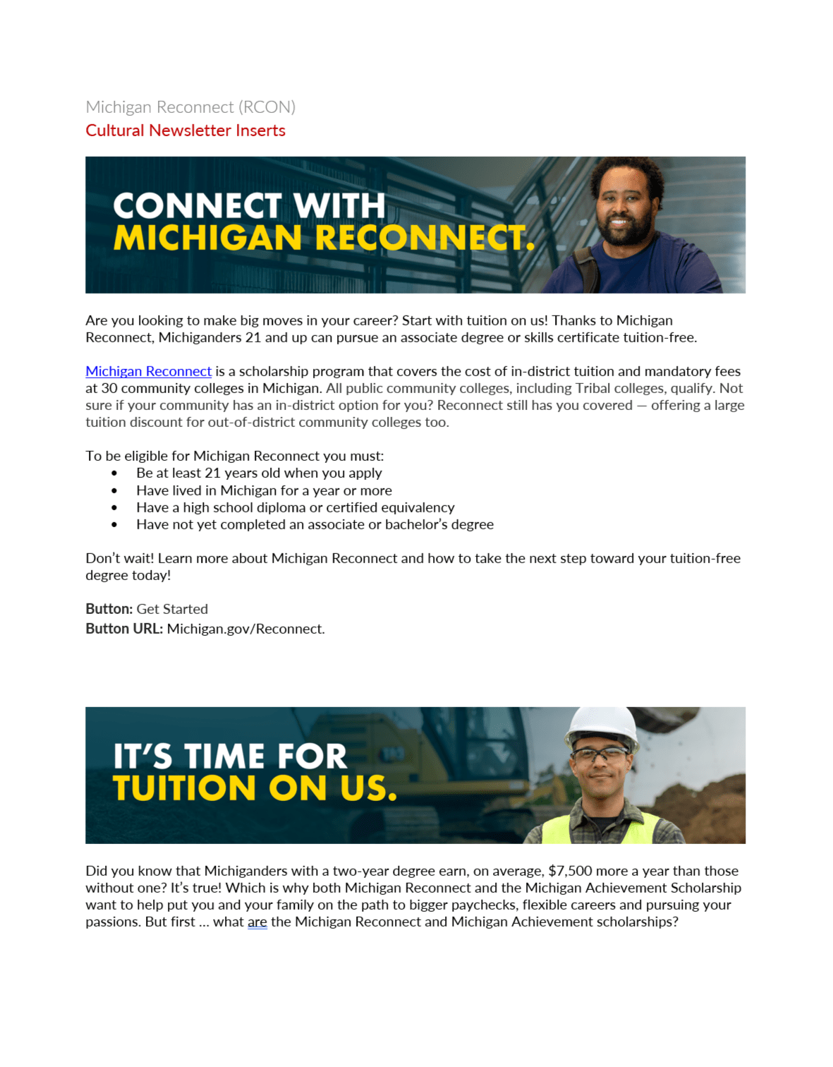 Sample newsletter about Michigan Reconnect
