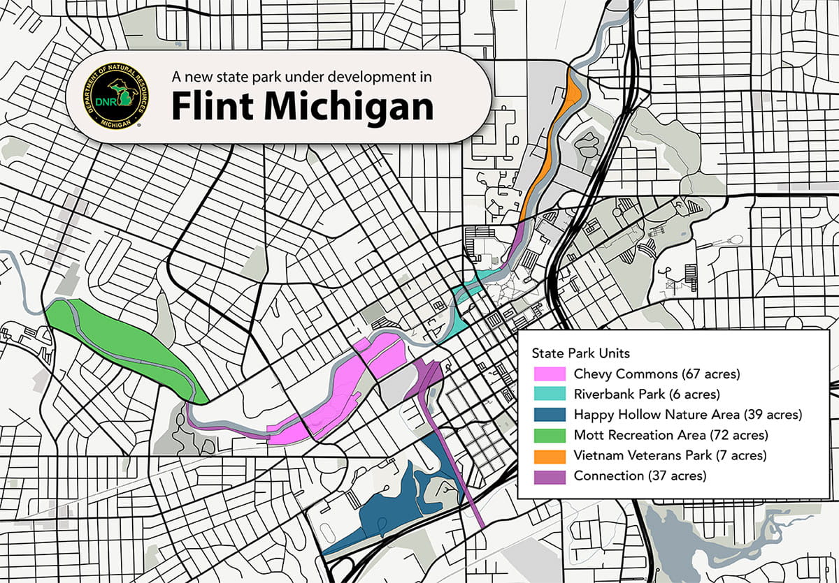 map, outlines of Y-shaped state park footprint and five park units