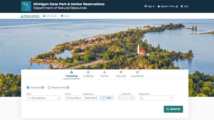 Screenshot of reservation site featuring search features