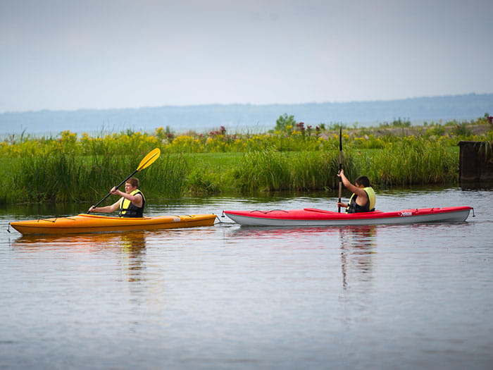 two kayakers paddling