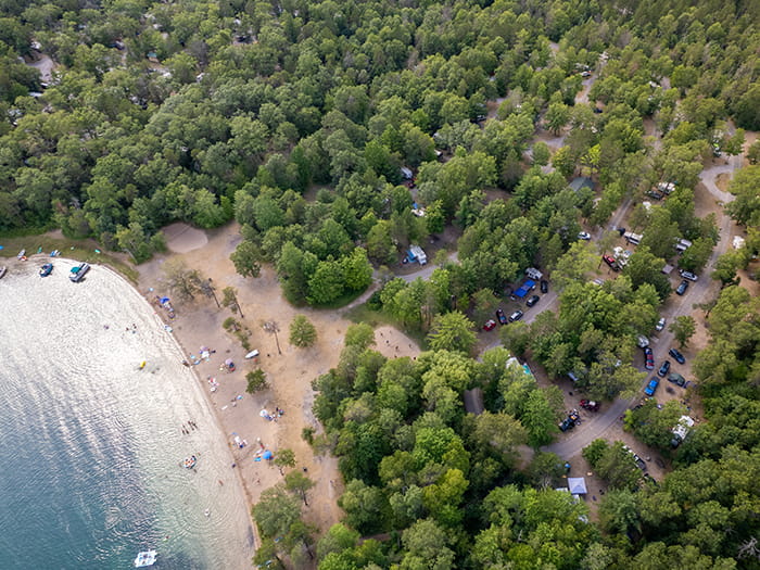 birds eye view of campground and beach