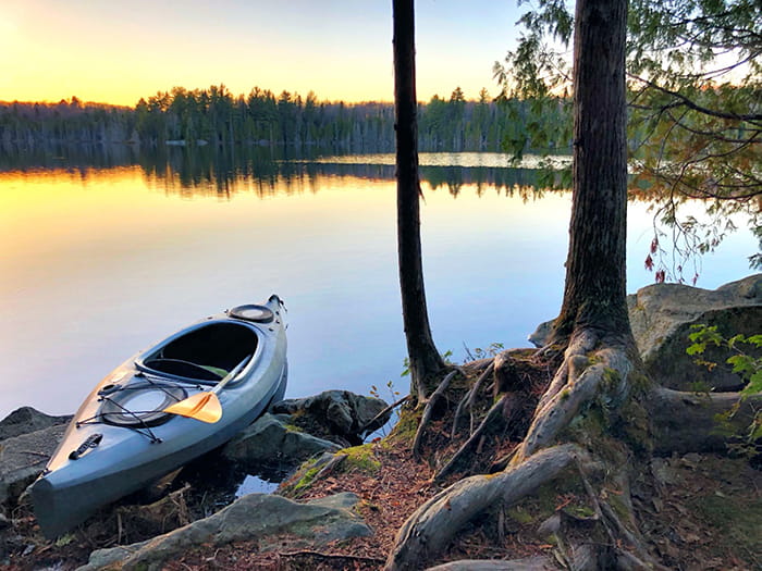 kayak resting on Craig Lake shore