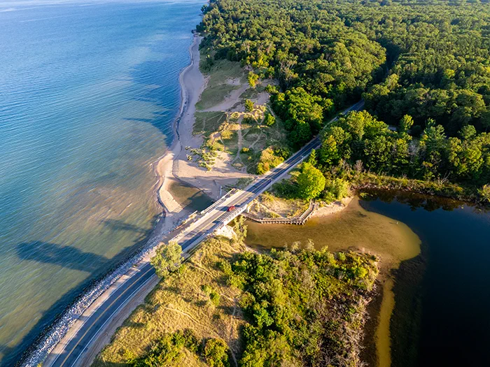 birds eye view of Lake Michigan Duck Lake and roadway