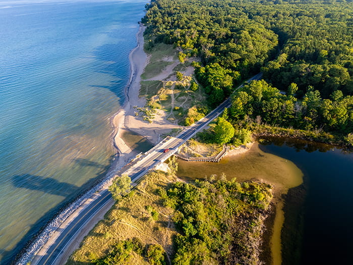 birds eye view of Lake Michigan Duck Lake and roadway