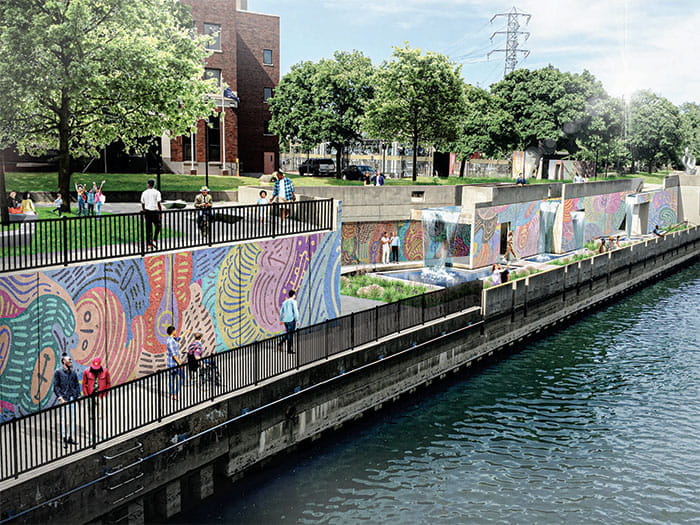 Murals along river walkway