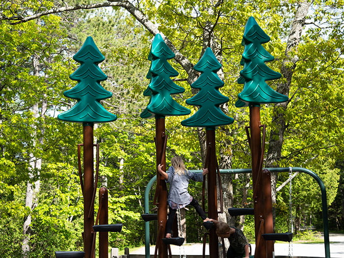 girl climbing tree-like play structure