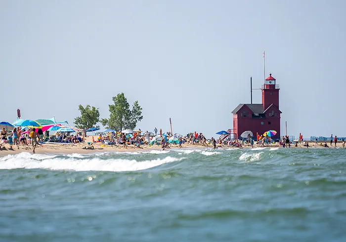 view of beachgoers along lakeshore