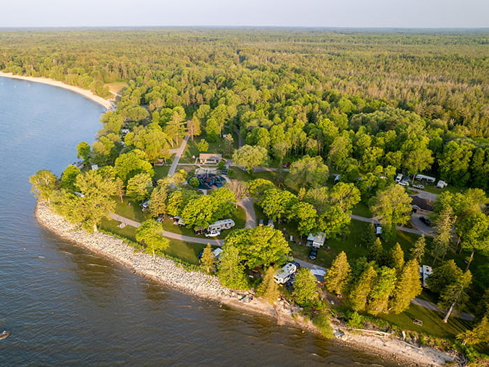 birds eye view of campground and shoreline and water