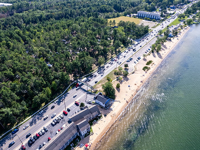 birds eye view of shoreline and beach