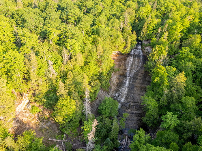An aerial view of Laughing Whitefish falls taken from a drone