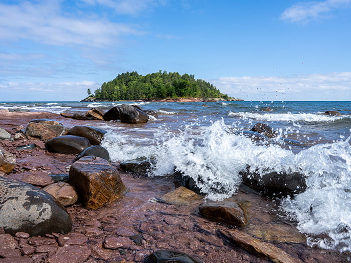 Water splashing along the Lake Superior shoreline