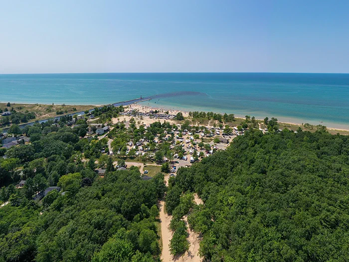 birds eye view of campground and water