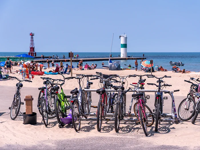 bikes parked at bike rack along lakeshore