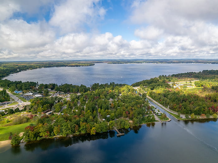 view of canal and two lakes and campers