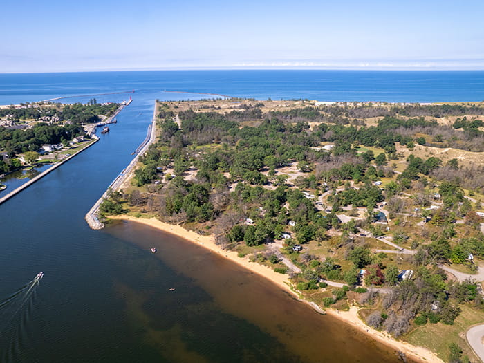 Aerial view of the canal at Muskegon state park