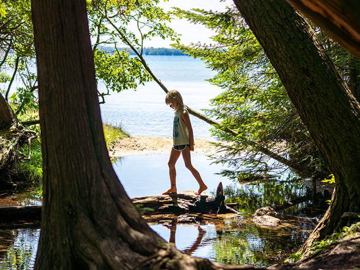 young child walking along lakeshore under trees
