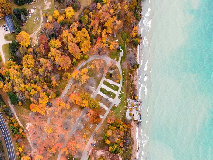 birds eye view of campground and water