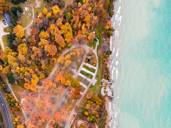 birds eye view of campground and water