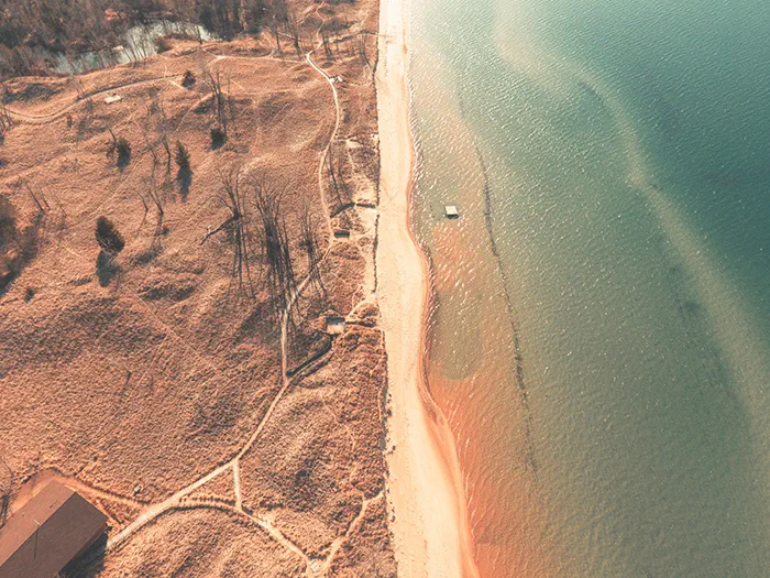 birds eye view of Lake Huron and shoreline