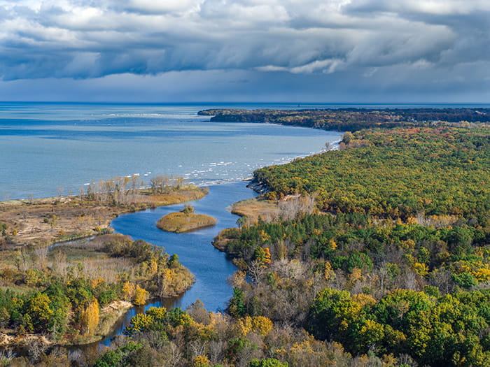 birds eye view of land and water