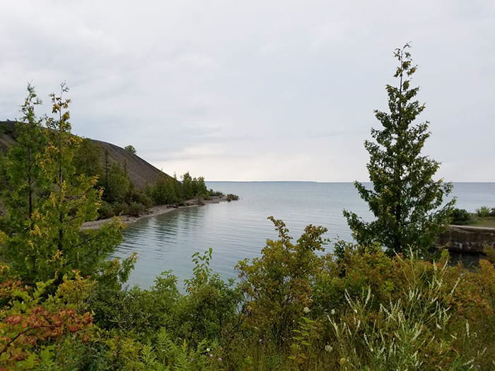 A scenic view of the Lake Huron shoreline with trees in the foreground at Rockford Recreation Area