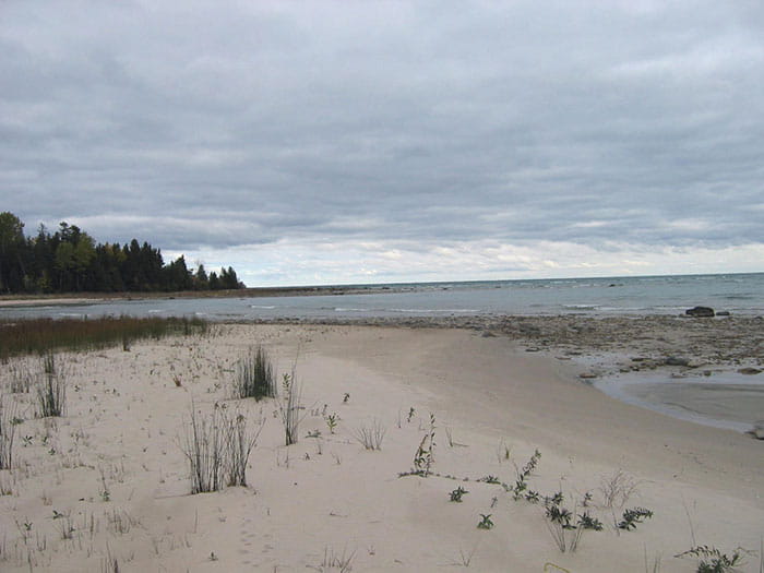 A sandy portion of beach along the Lake Huron shoreline at Rockford Recreation Area
