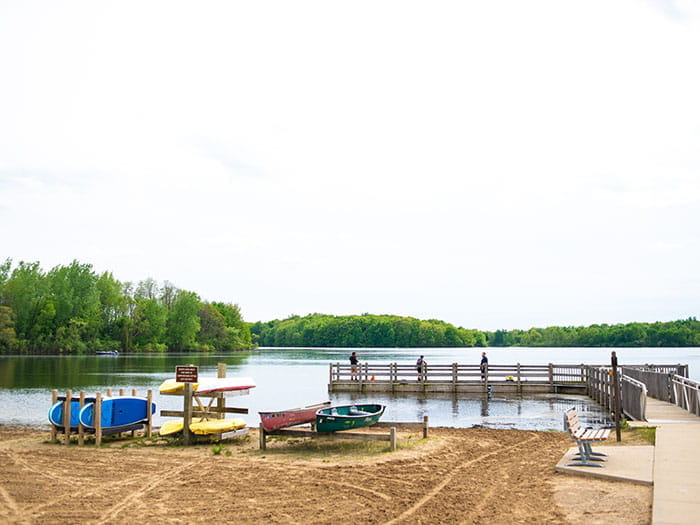 sandy beach with fishing pier in background
