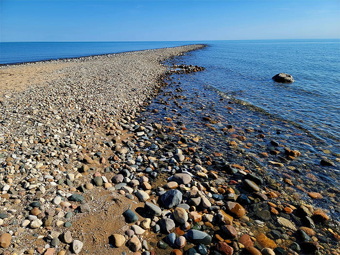 rocky reef surrounded by blue water