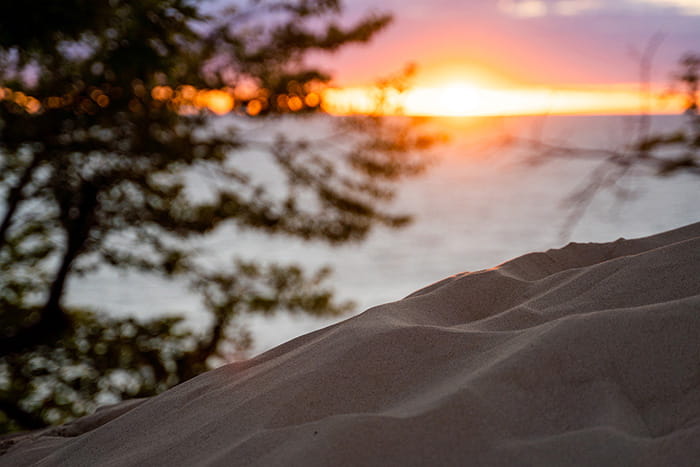 The sun setting over Lake Michigan as viewed over sand dunes with sparse vegetation