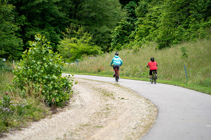 Two bicycle riders as viewed from behind riding on a paved trail toward a wooded area