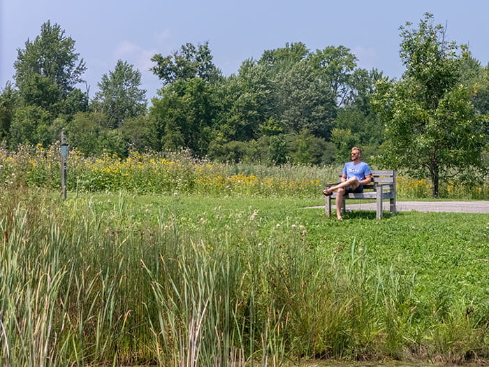 visitor sitting on bench looking at pond