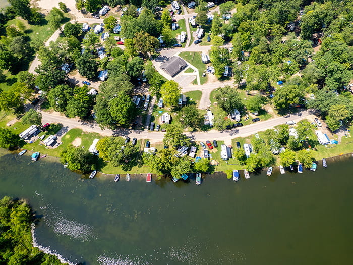 Aerial view of the Gun Lake modern campground at Yankee Springs recreation area