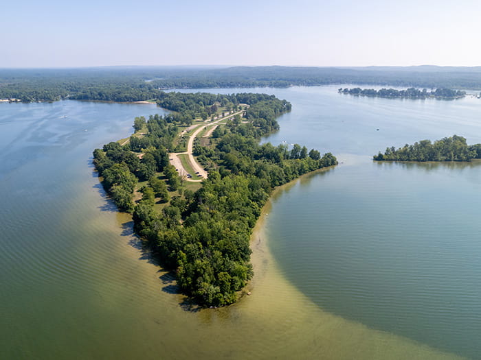 Aerial view of the peninsula extending into Gun Lake at Yankee Springs recreation area