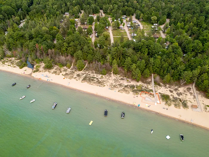 Aerial image of the beach and campground at Young State Park