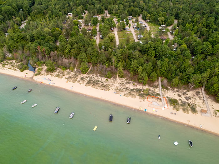Aerial image of the beach and campground at Young State Park