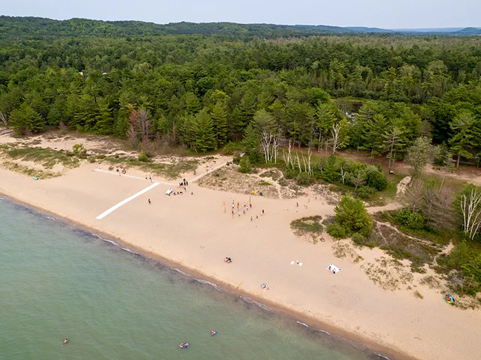 An aerial photo of a sand beach at Young State Park