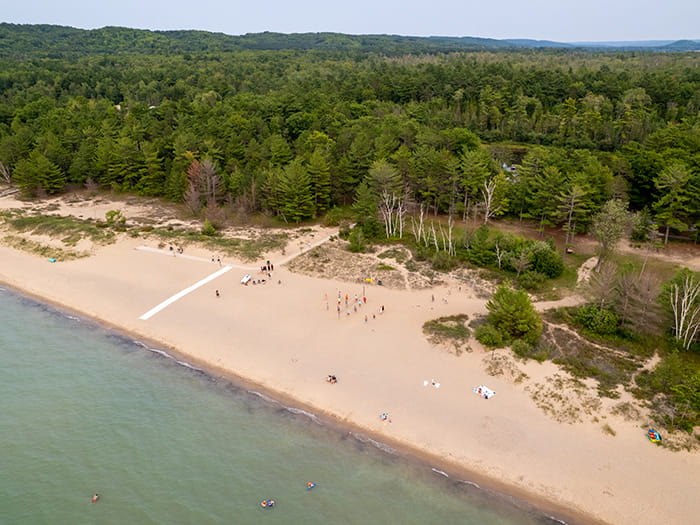 An aerial photo of a sand beach at Young State Park