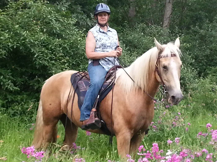 rider posing on horse with flowers