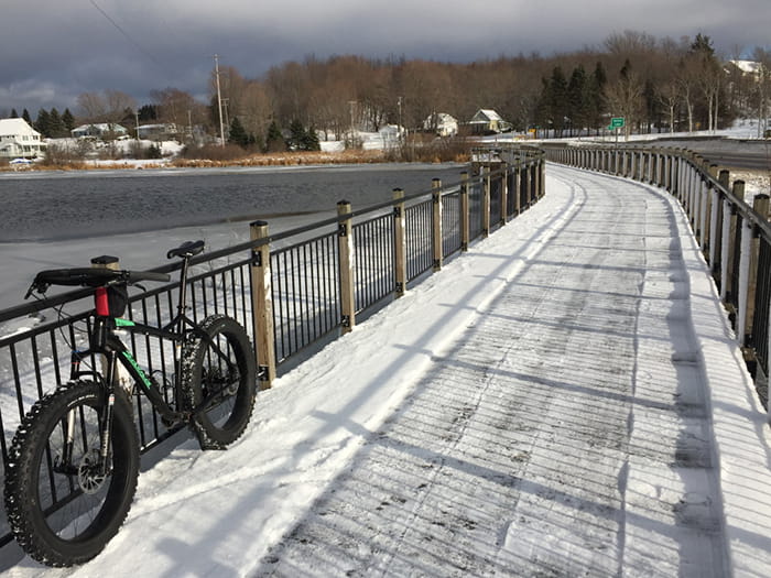 A fat tire bike rests against a railing on a bike trail