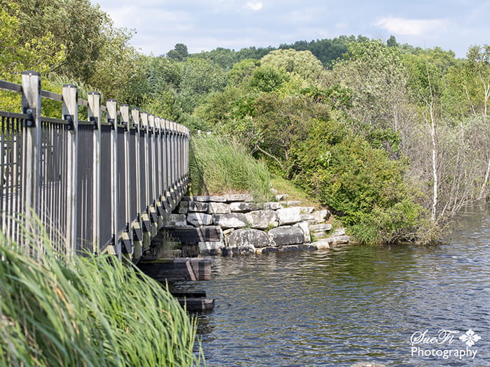 The sides of a bridge along a waterfront bike trail