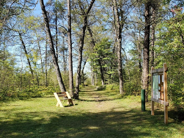 A bench and map at the trailhead of the Buttles Road Pathway