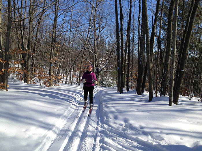 cross-country skier on snowy, groomed trail