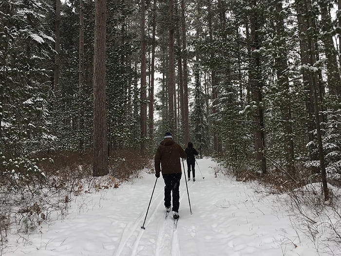 Nordic cross-country skiers on the Chippewa Hills Pathway