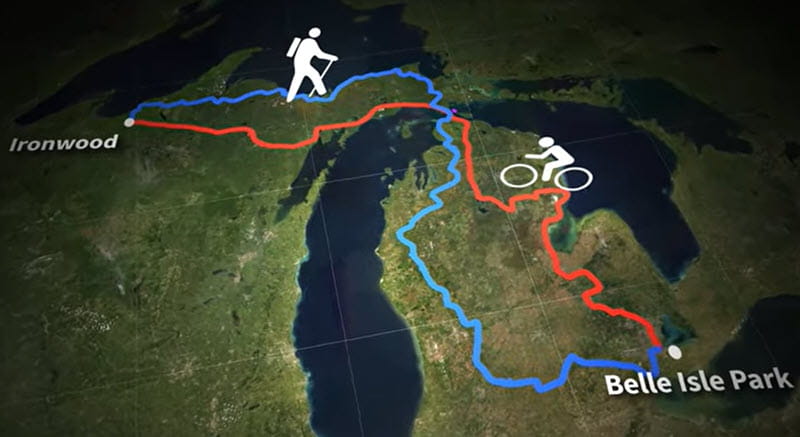 The two routs of the Iron Belle Trail, red for biking and blue for hiking