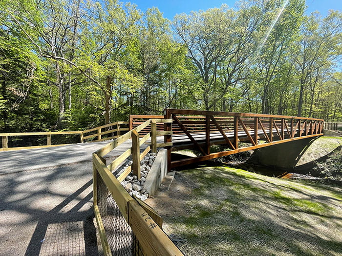 wood trail bridge over river