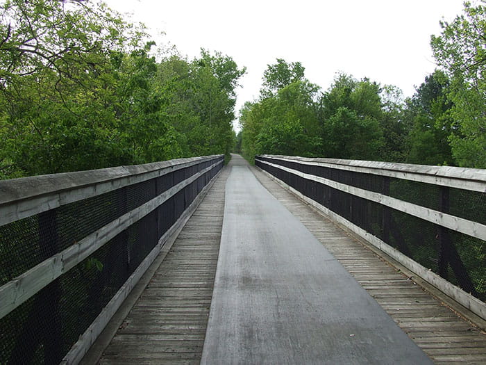 A large wooden bridge over Crockery Creek on the Musketawa trail