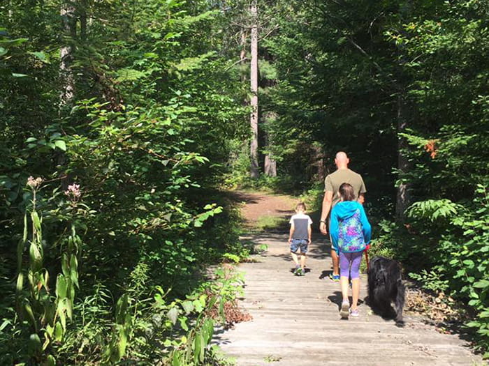 A family walks up a boardwalk trail with their dog