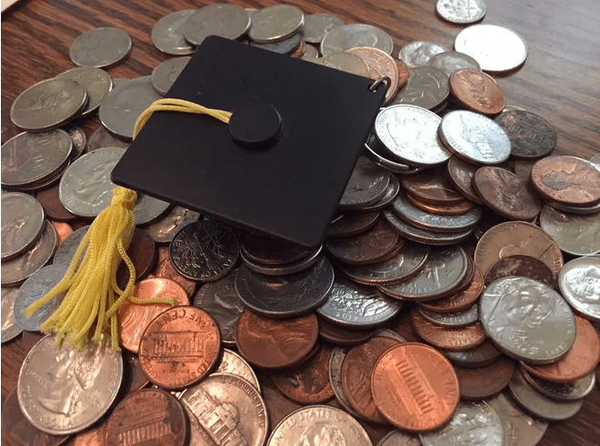 Graduation cap on top of a pile of coins