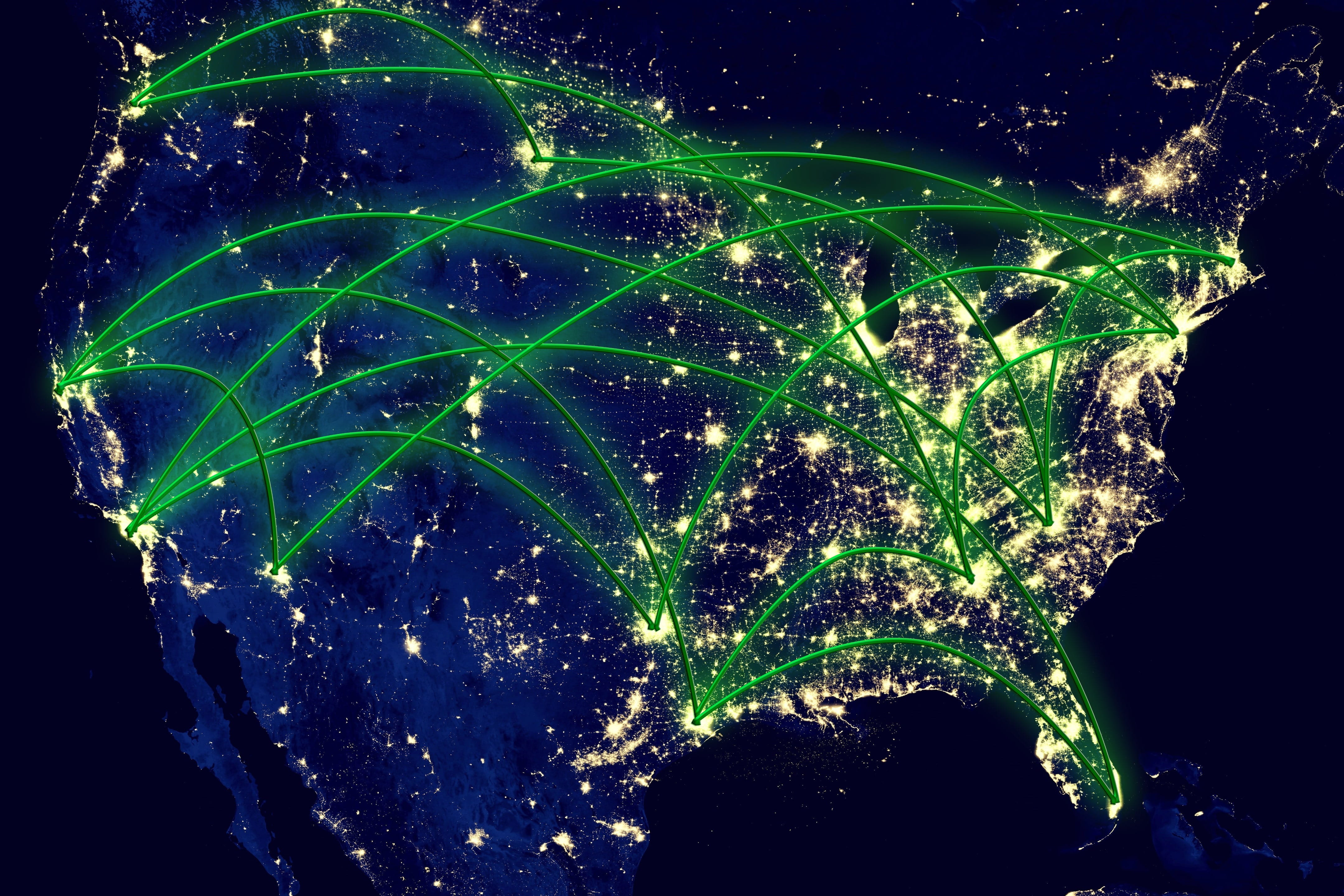 Map of the United States with lines from one city to another